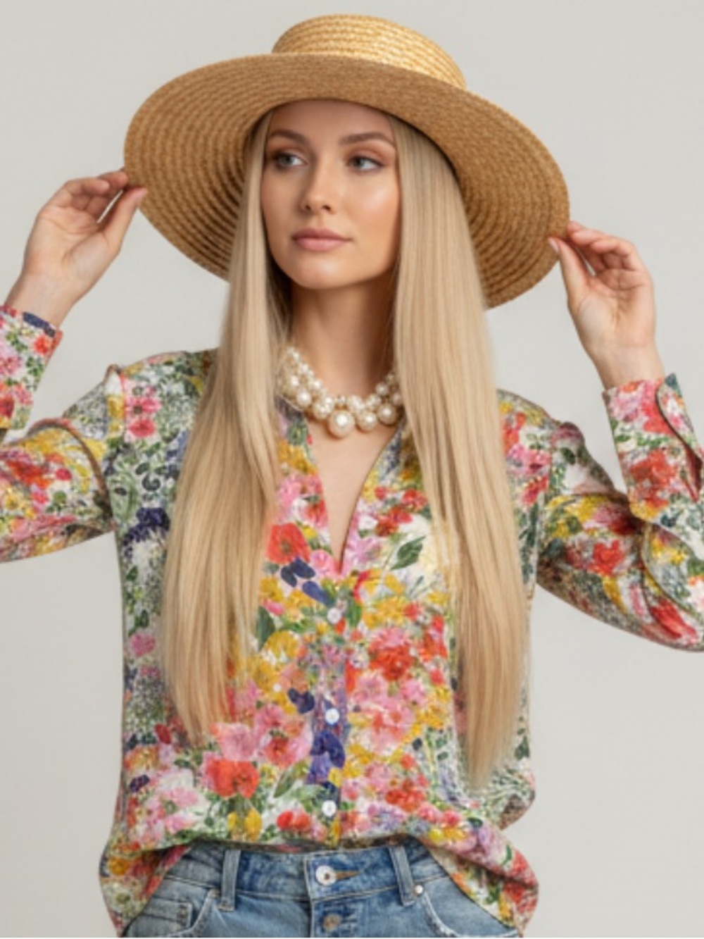 Norm Thompson Floral Button-Front Shirt - Pink, Yellow, Green Multi